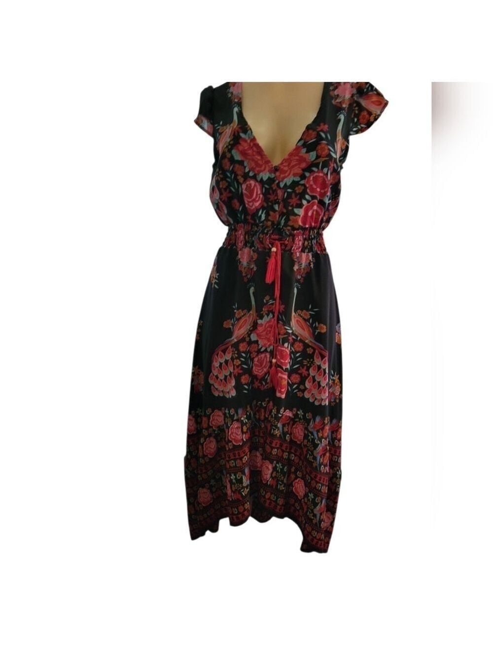 Oriental Cover Up Dress Black Peacock Asian Small Vacation